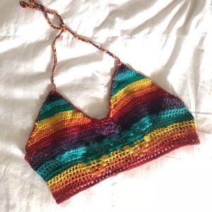 Hand crocheted rainbow crop halter top